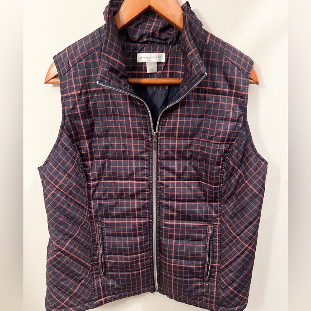 Christopher & Banks Women’s Navy Orange Plaid Quilted Lightweight Vest Size L